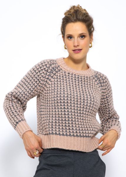 Fluffy jumper with pattern - pink-grey