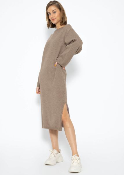 Midi length knit dress with side slit - taupe