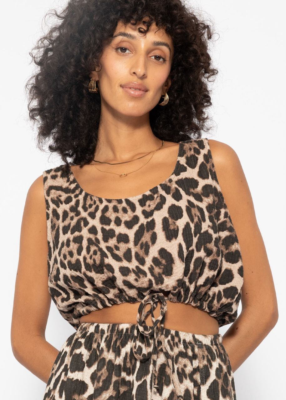 Muslin top with drawstring with leo print - brown