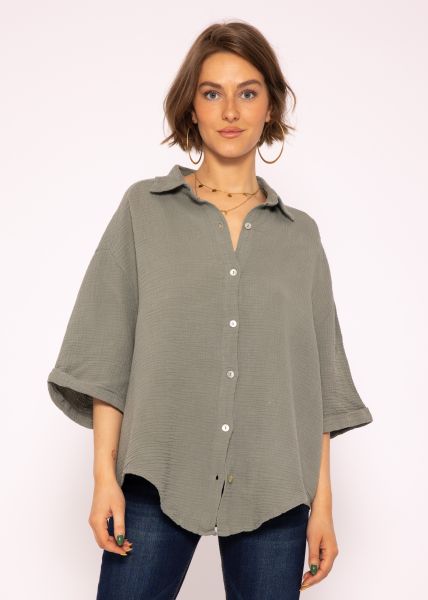 Muslin blouse oversize short sleeve, short, khaki