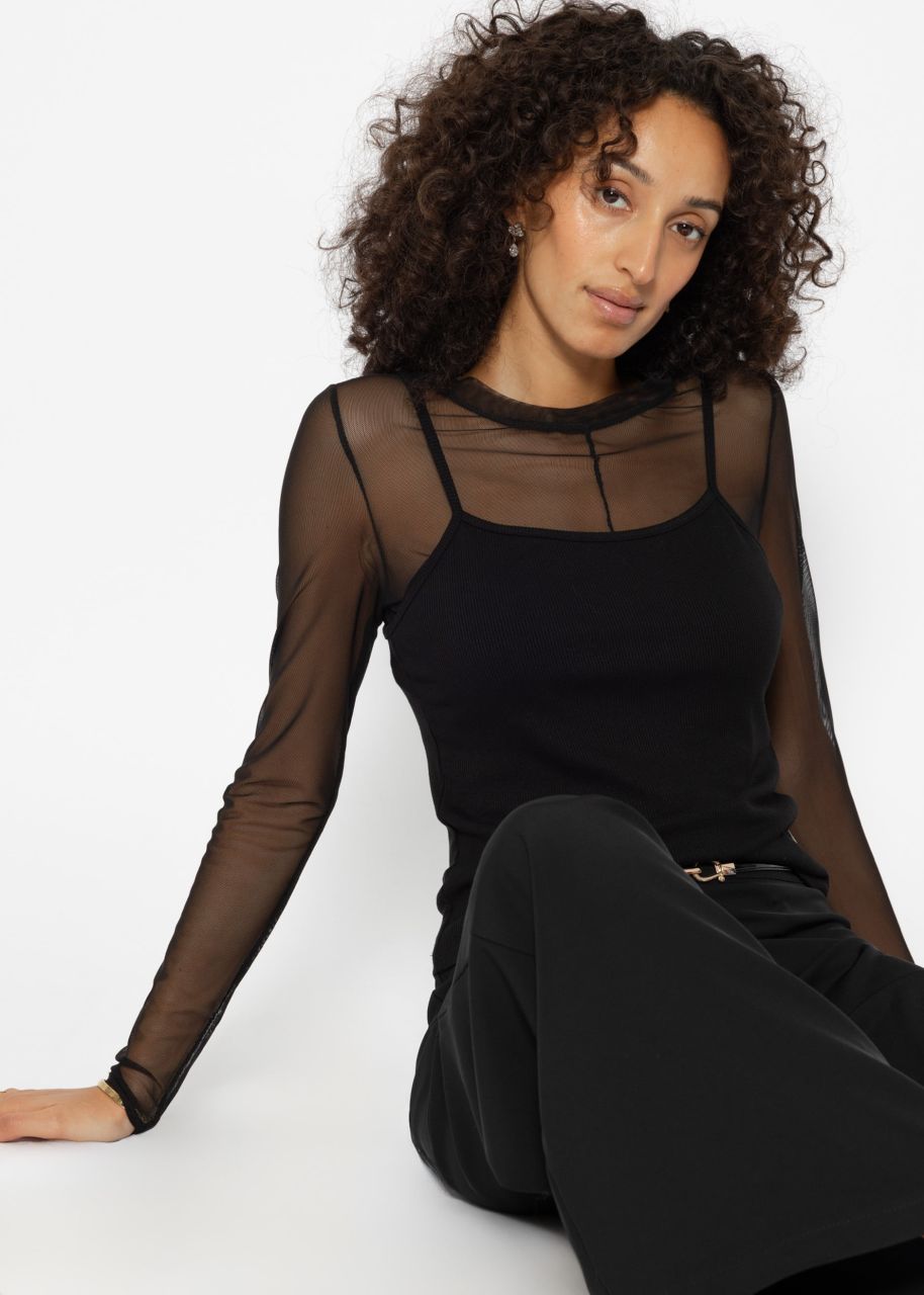 Long-sleeved shirt in mesh look, black