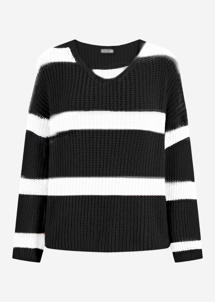 Jumper with stripes and V-neck - black-purple