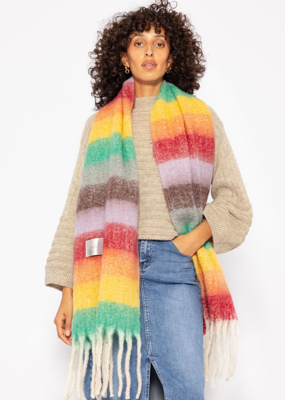 Striped fluffy scarf - yellow-red-green