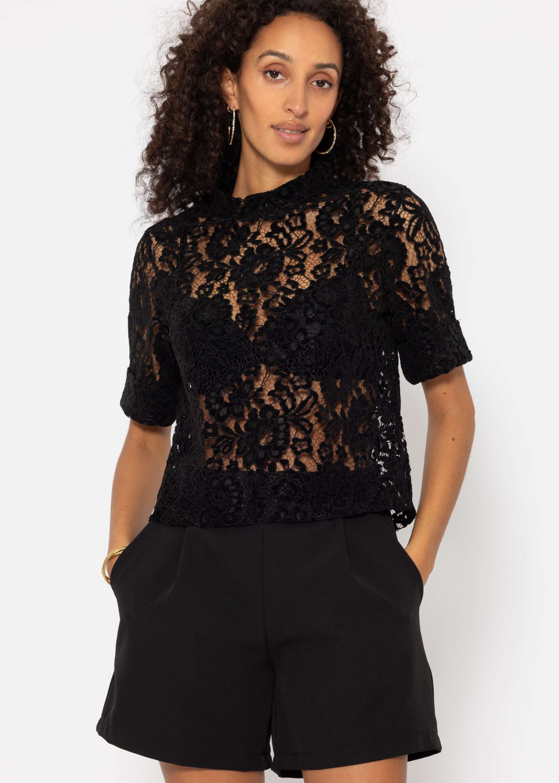 Lace shirt with velvet effect - black