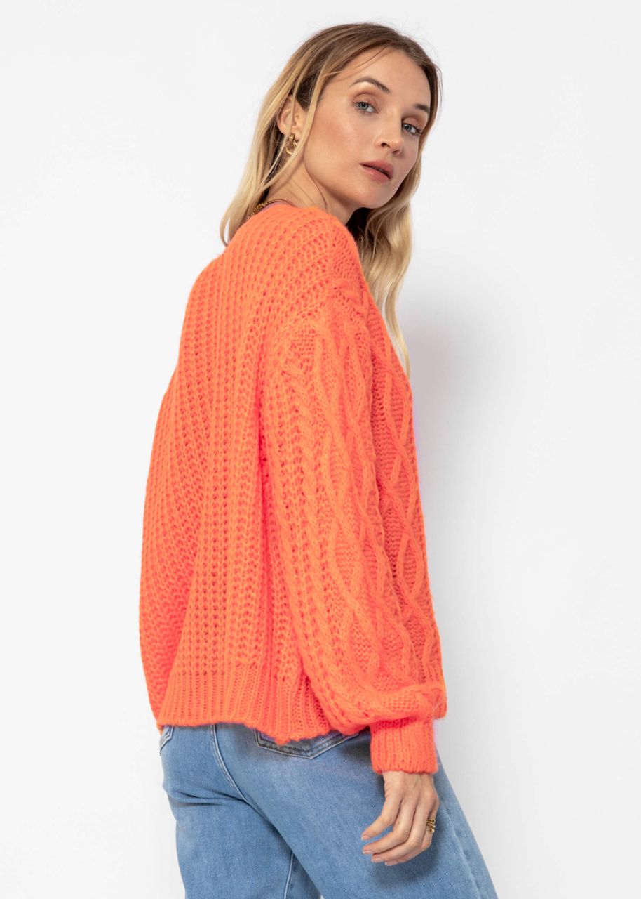 Oversized cardigan with cable knit pattern - tangerine