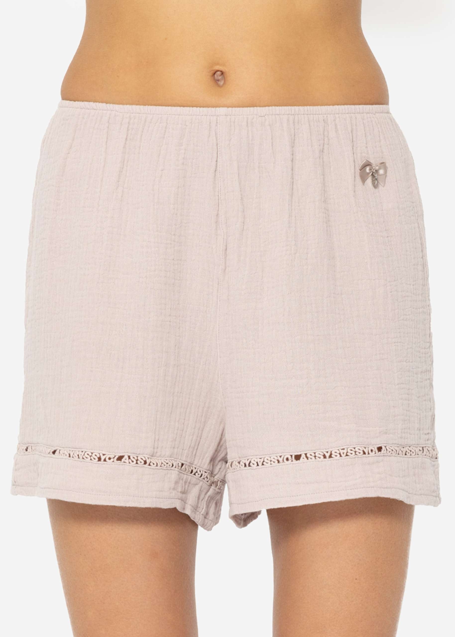 Muslin pyjama shorts with lace trim - dusky pink