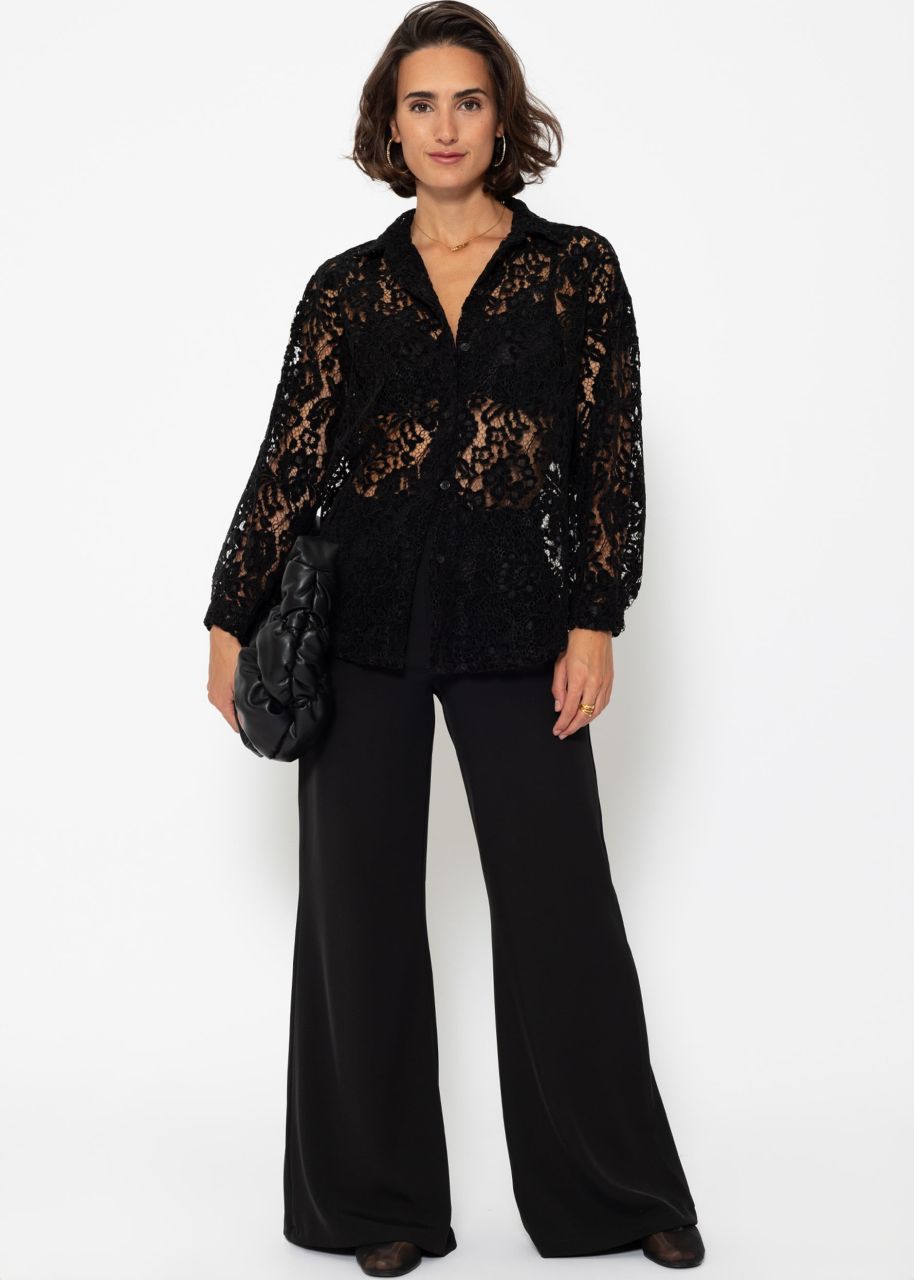 Lace blouse with velvet effect - black