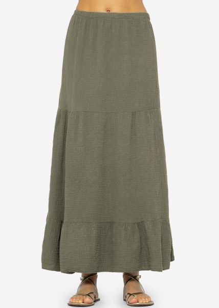 Muslin maxi skirt with flounces - khaki