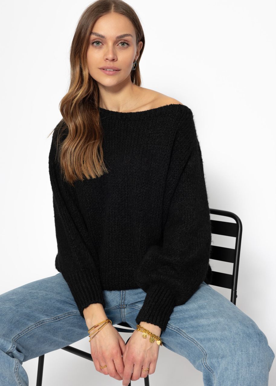 Fluffy sweater with boat neckline - black