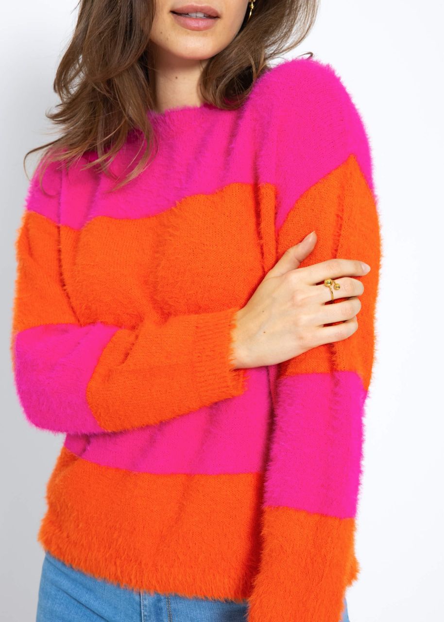 Fluffy jumper with block stripes - pink-orange
