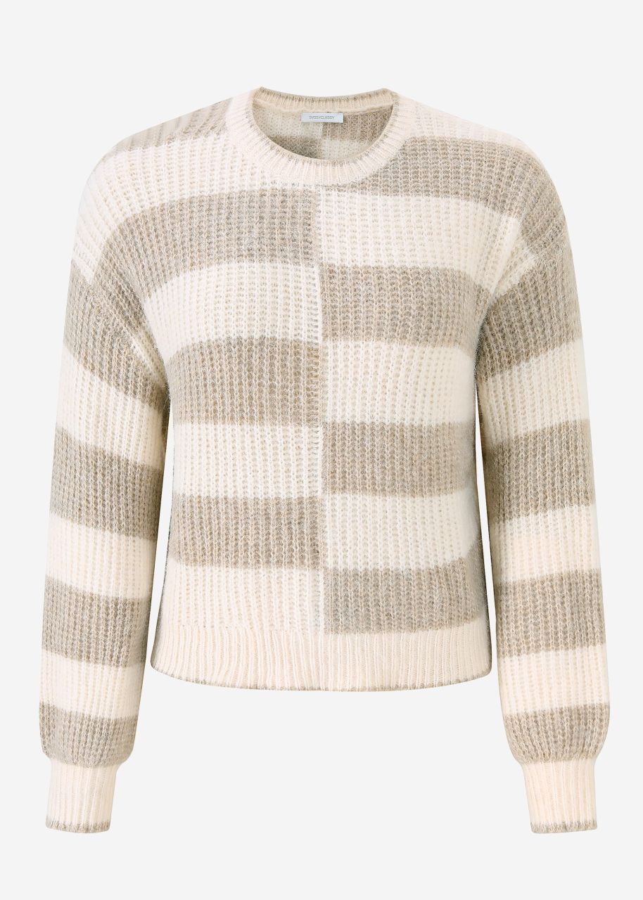 Fluffy sweater with offset block stripes - beige-offwhite