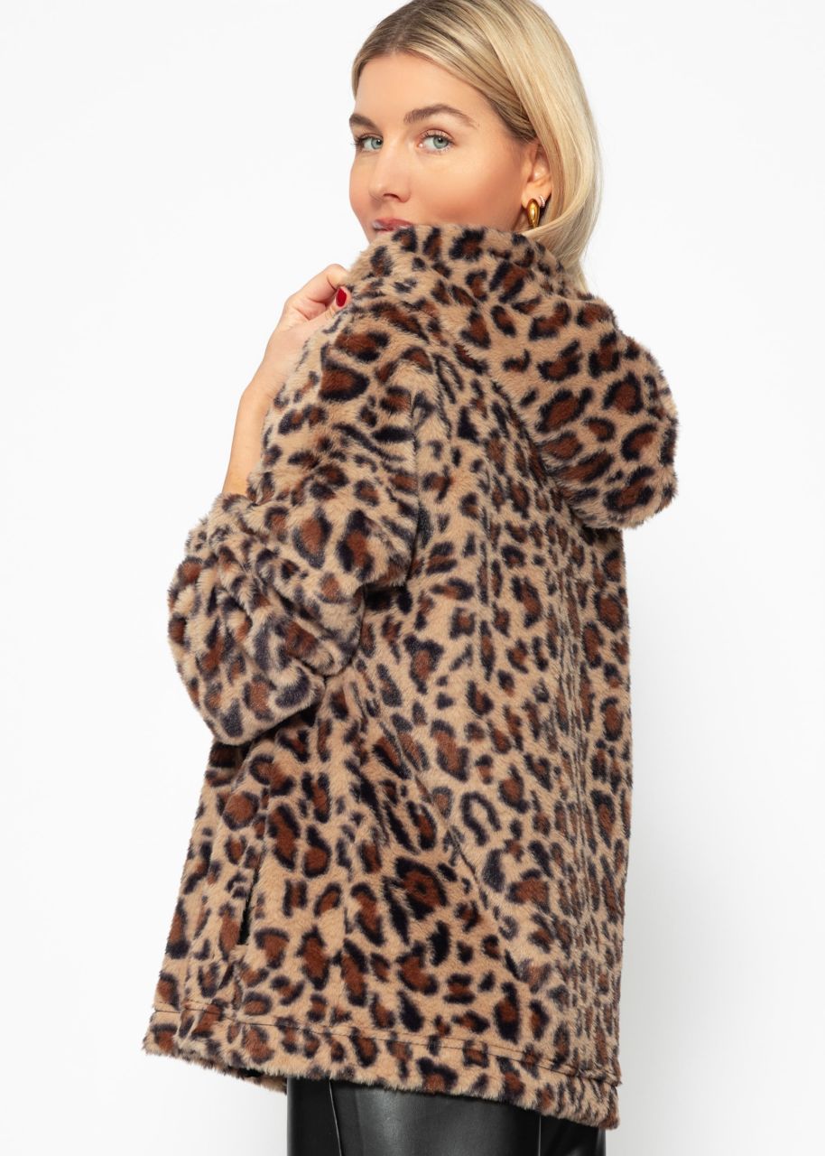 Oversized teddy hoodie in leo print - beige