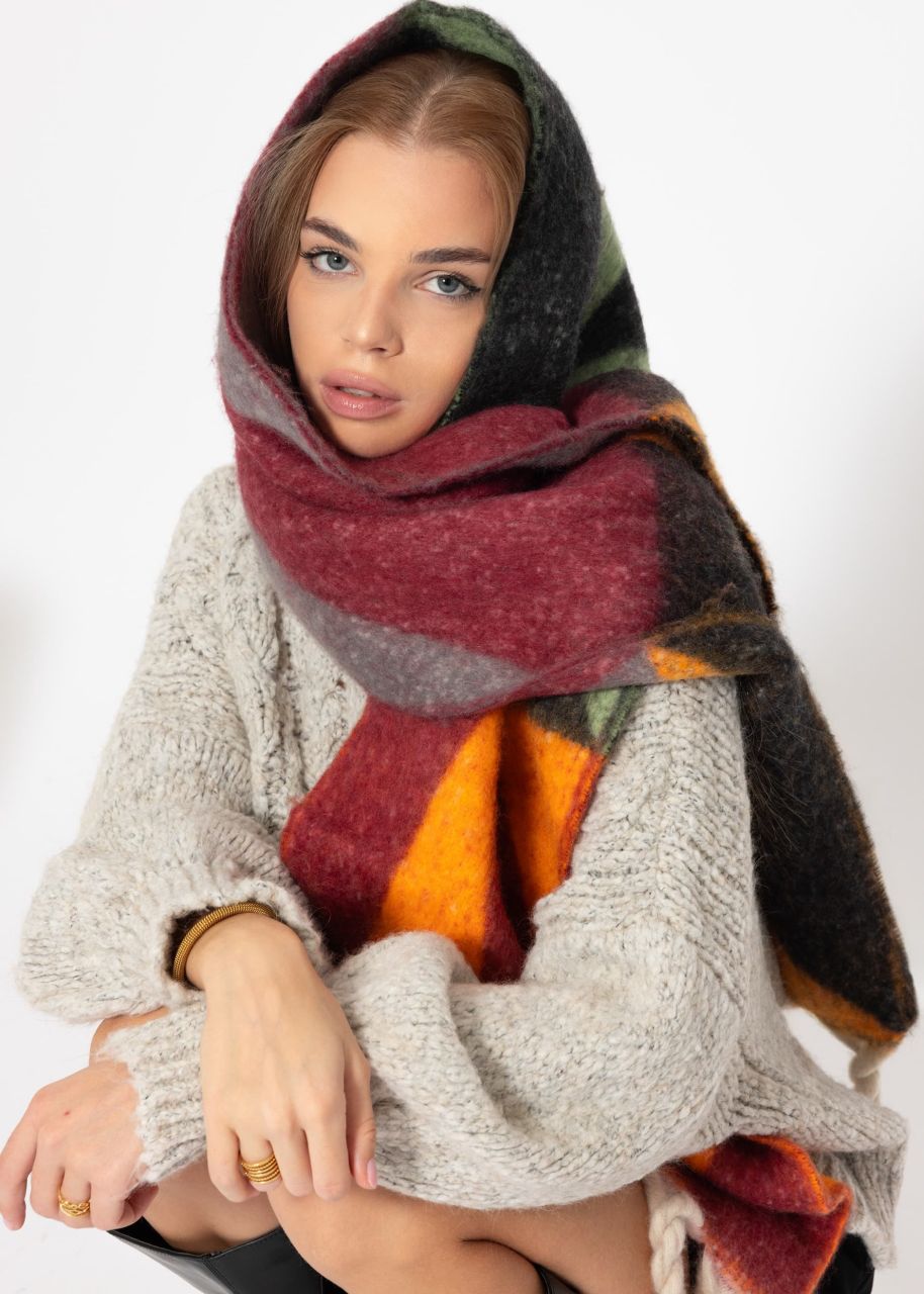 Patterned scarf with bright fringes, orange/wine red/green