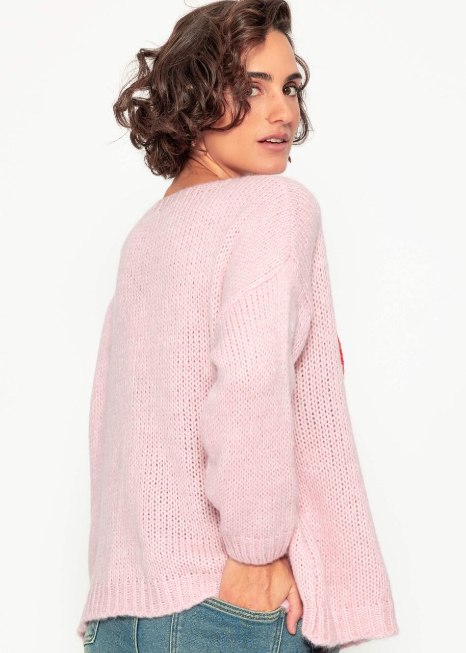 Oversize sweater with red heart - pink