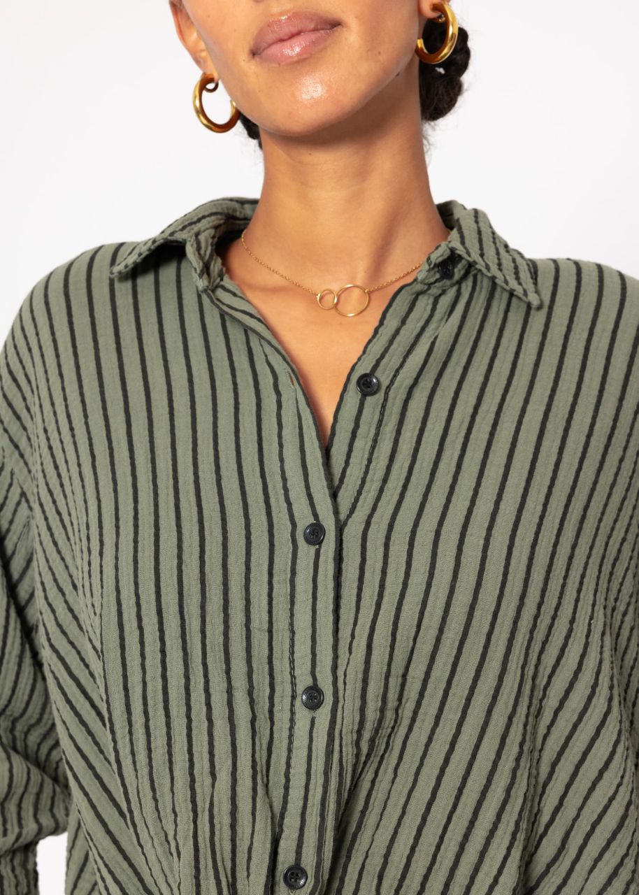 Striped muslin blouse with knot - khaki-black