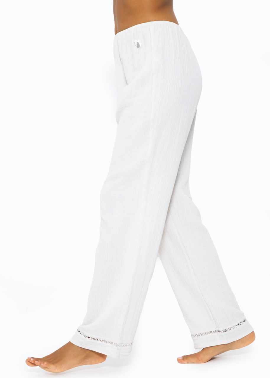 Muslin pyjama bottoms with lace trim - light beige