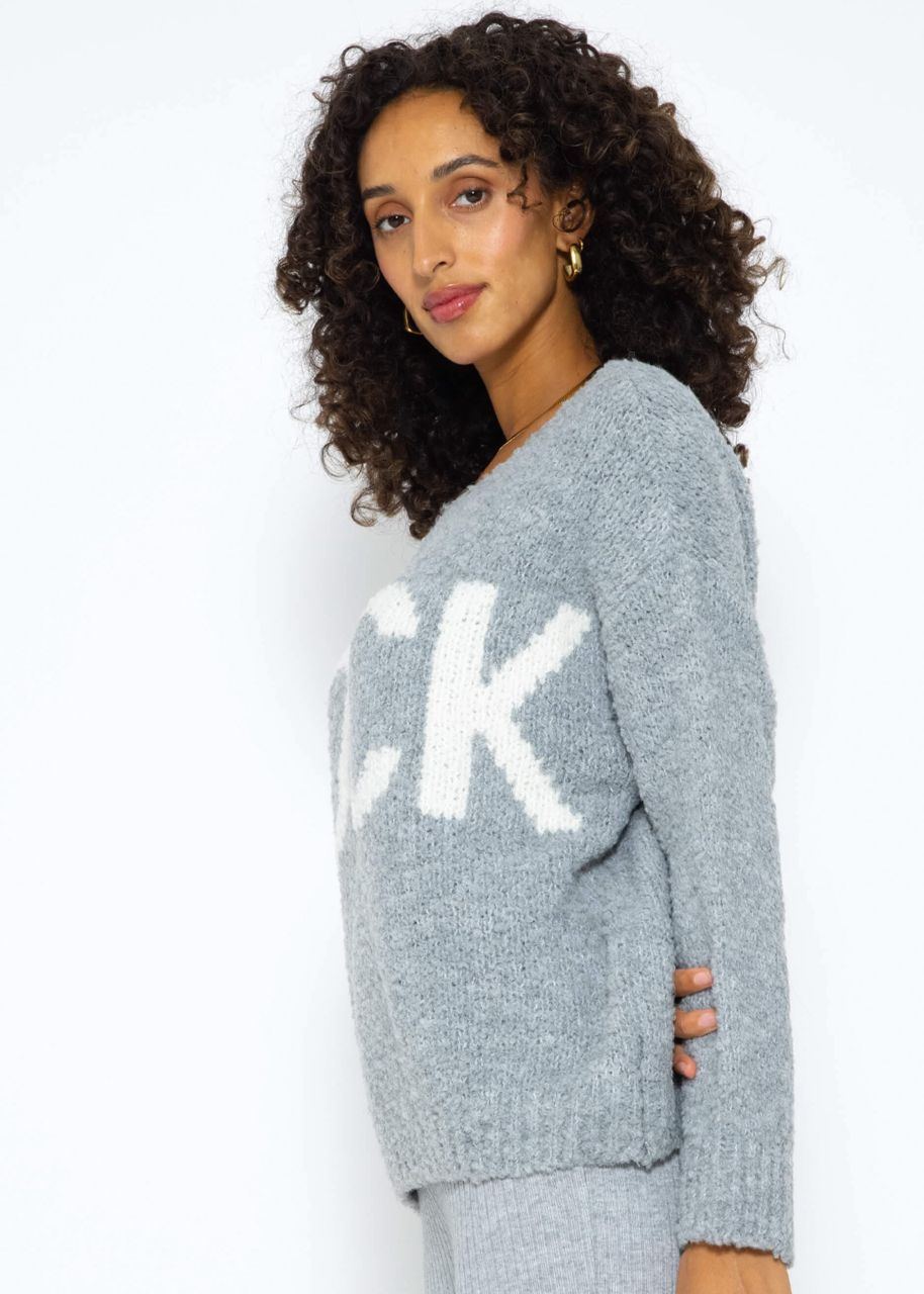 Oversize jumper with "Rock" lettering - grey-white