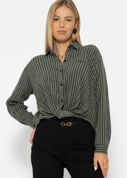 Striped muslin blouse with knot - khaki-black