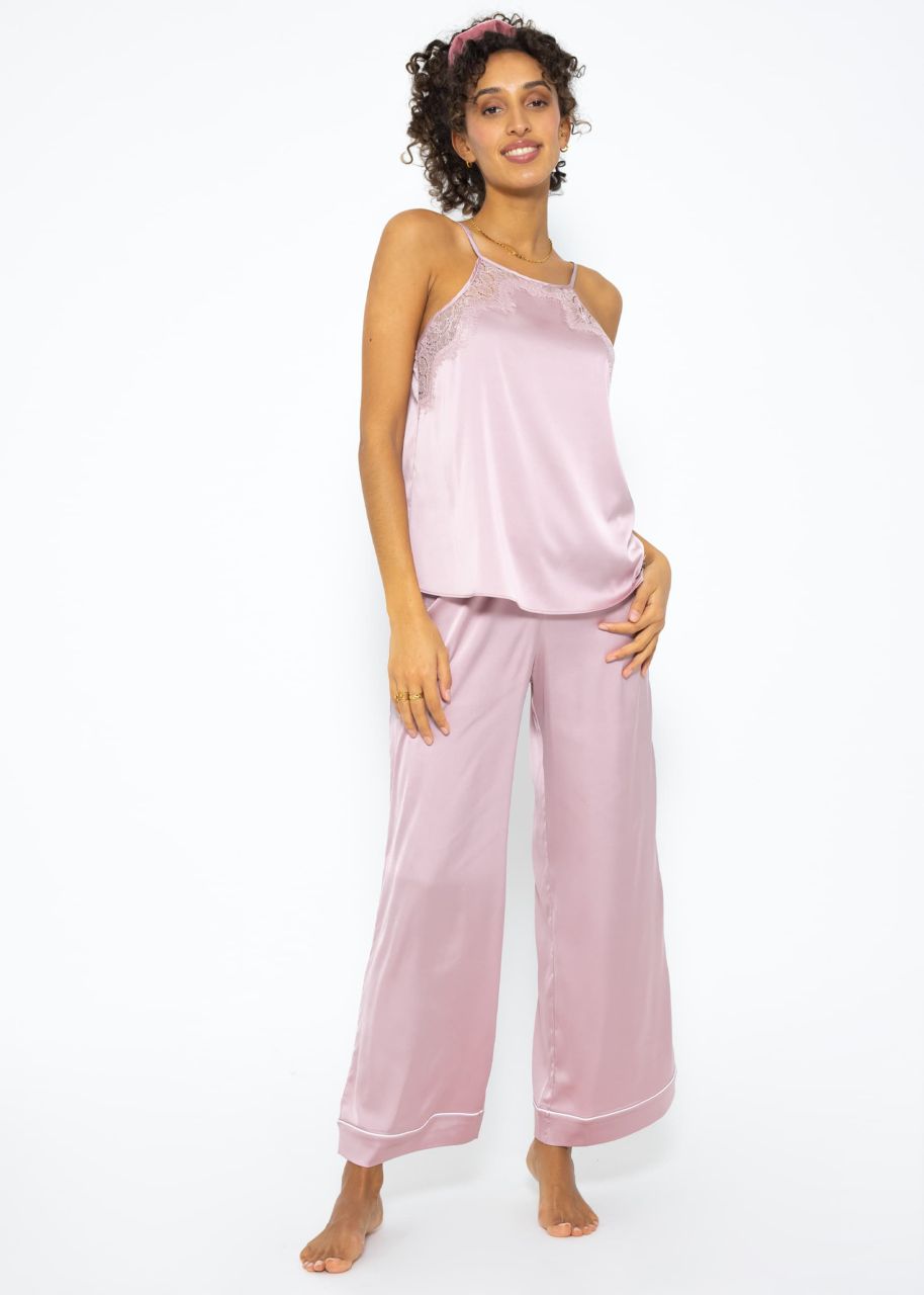 Satin pyjama top with lace - pink