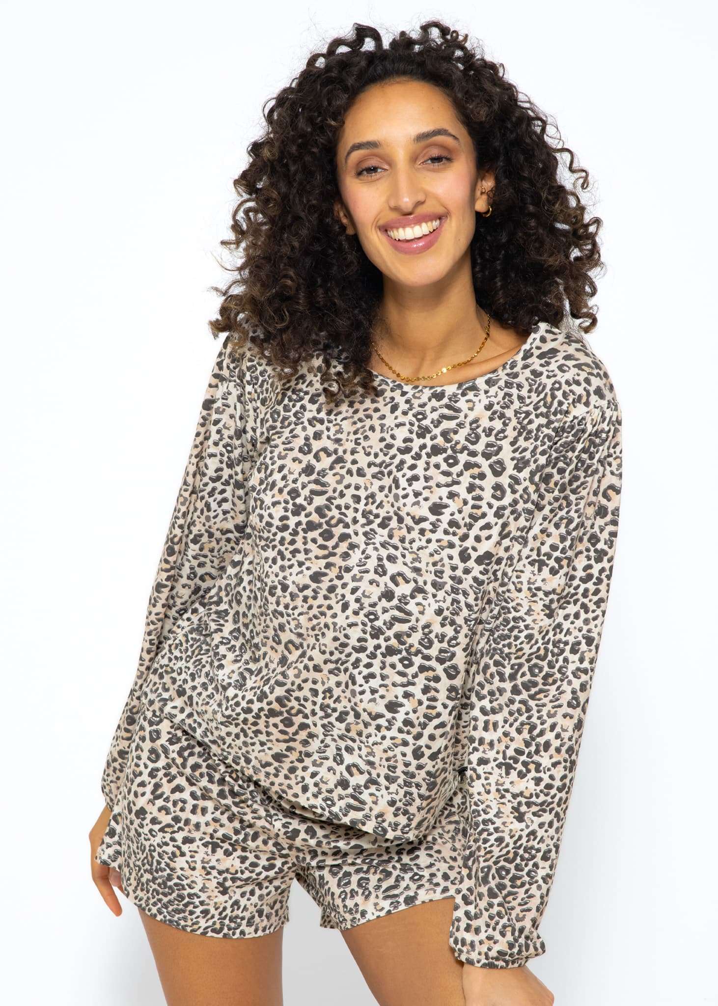 Long sleeve pajama shirt with leopard print - offwhite