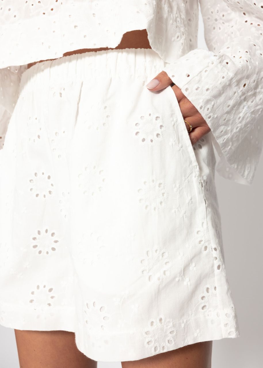 Shorts with eyelet embroidery - white