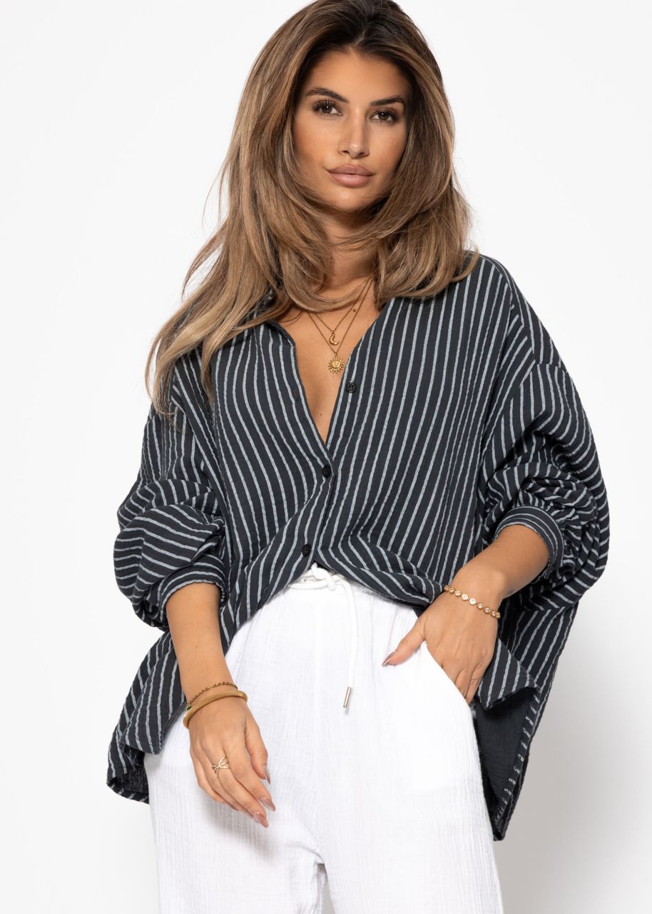 Oversize muslin blouse with light stripes - grey