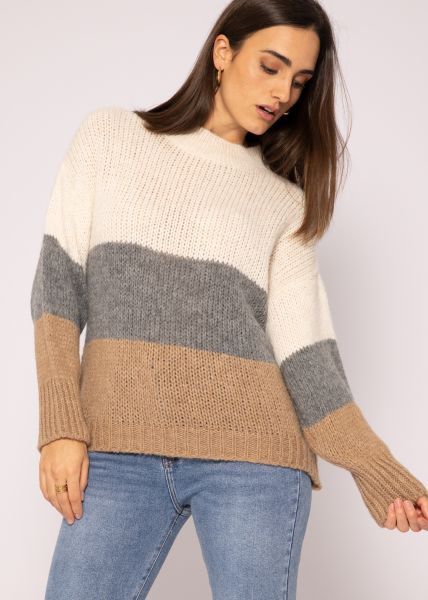 Turtleneck sweater with block stripes, offwhite/grey/camel