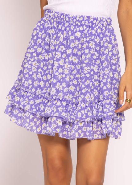 Flounce skirt with ruffles and floral print, purple