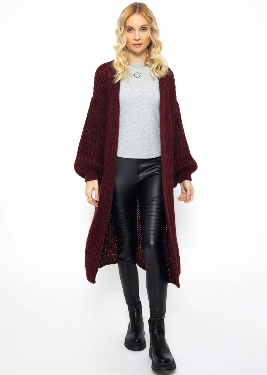 Ribbed long cardigan with balloon sleeves - burgundy