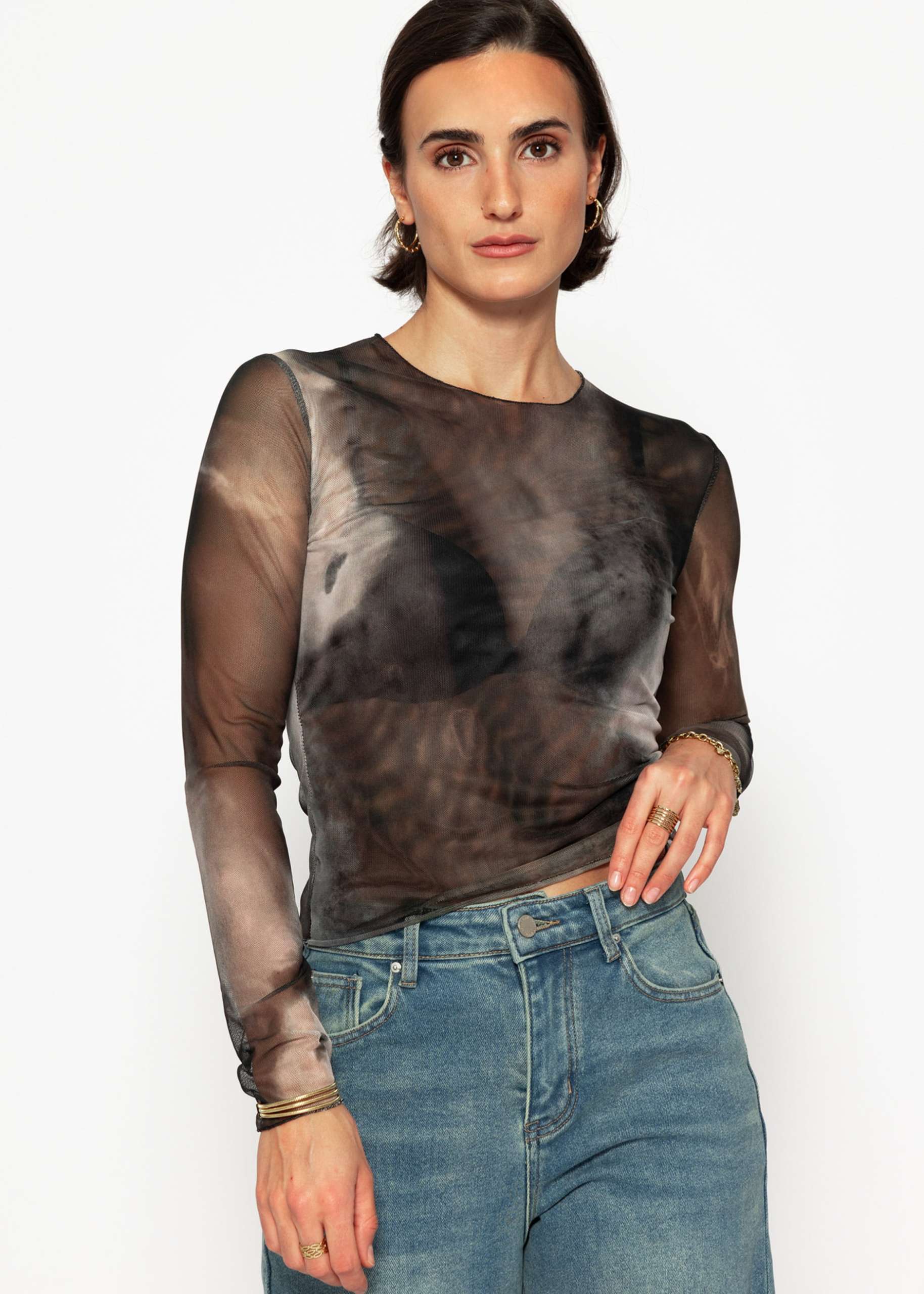 Mesh long sleeve shirt with print - anthracite