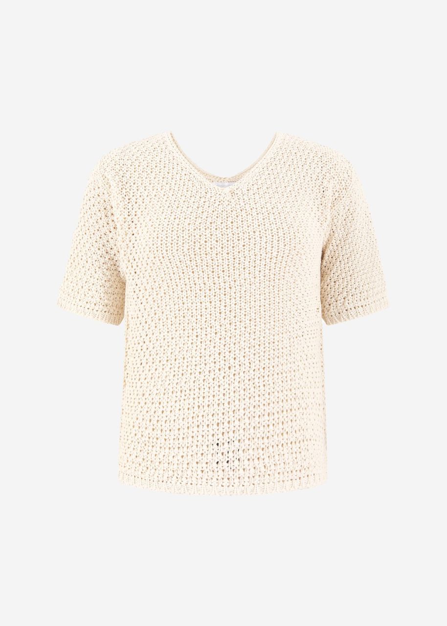 Cotton jumper with V-neck - beige