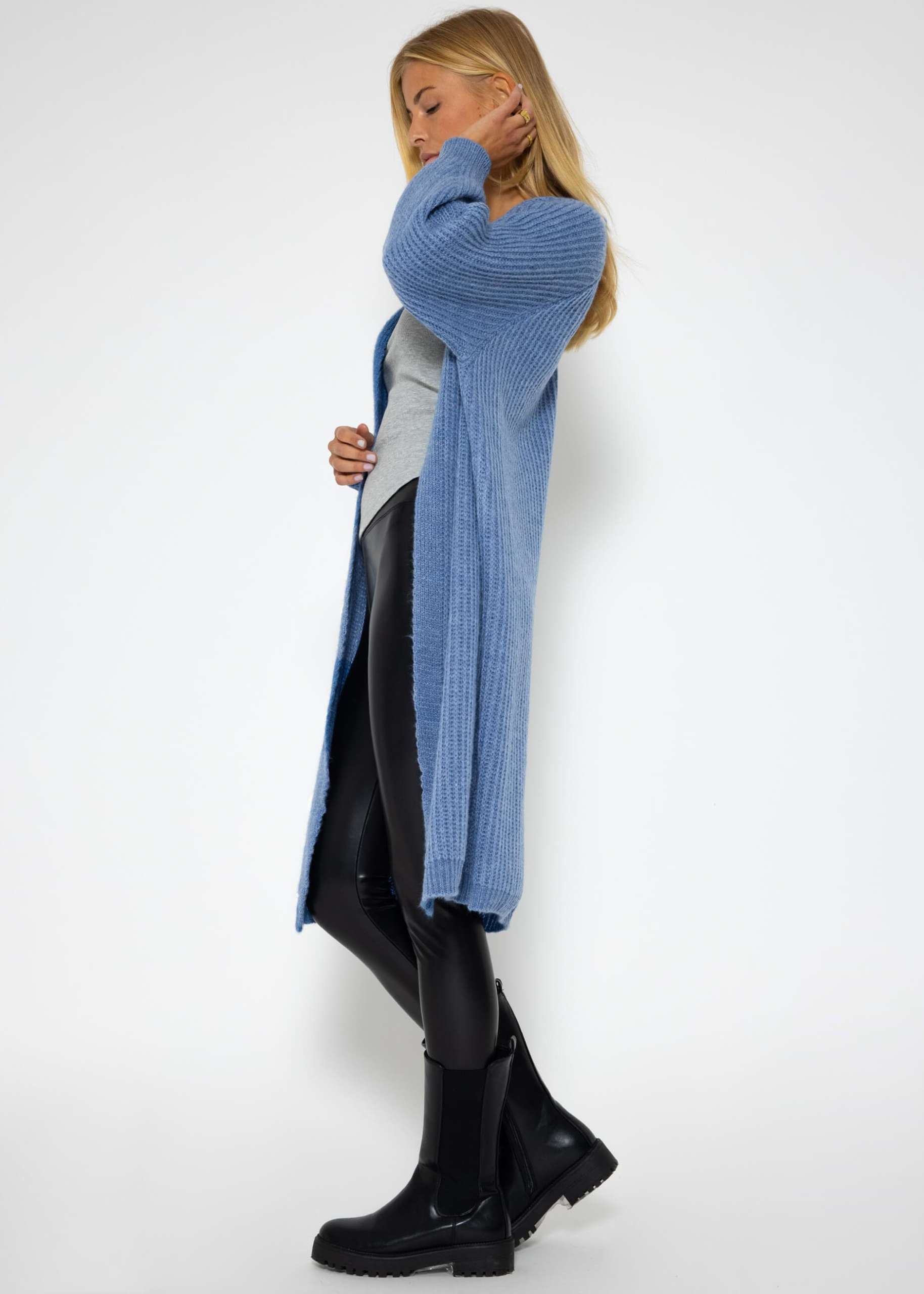 Long, ribbed cardigan - denim blue