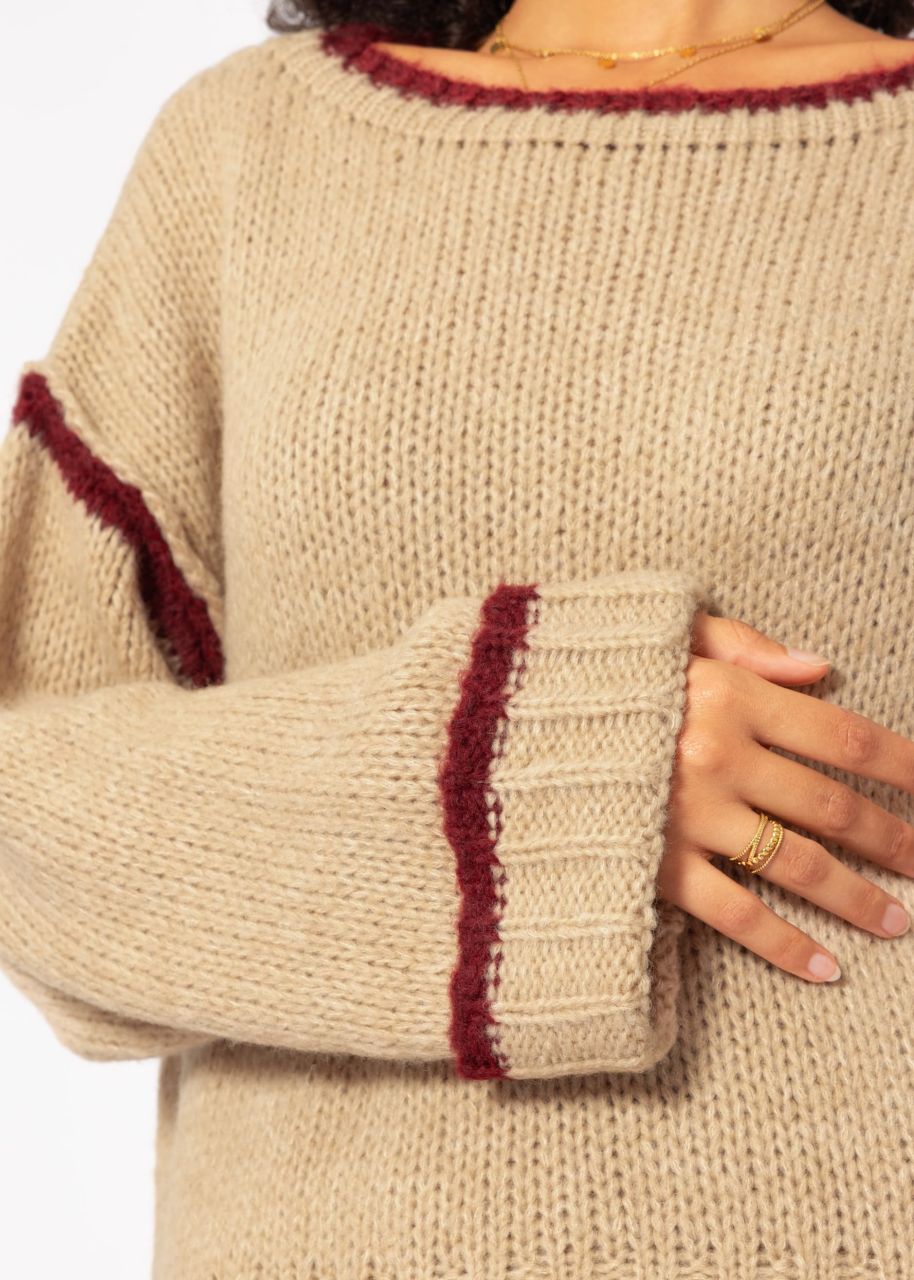 Jumper with coloured trims - beige-bordeaux