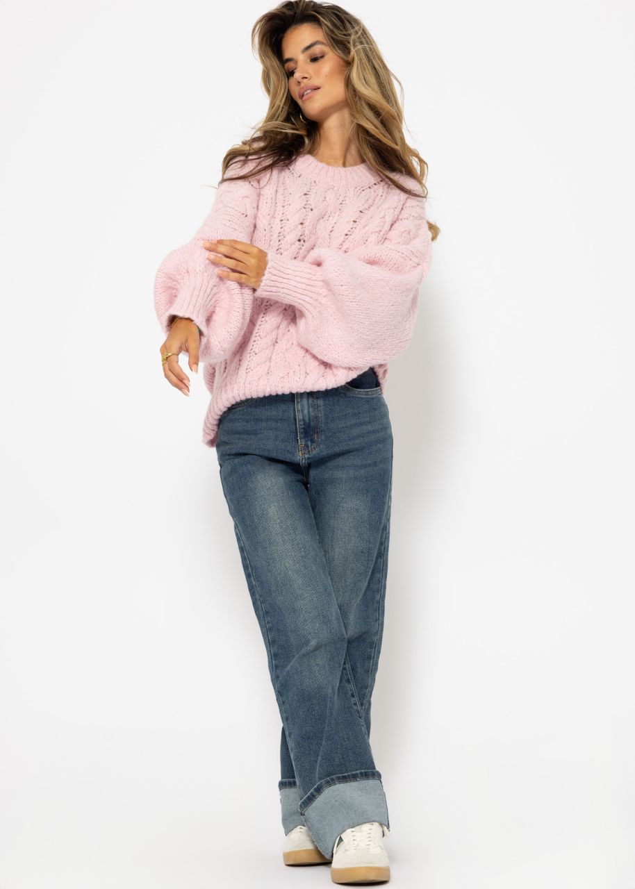 Super fluffy jumper with cable knit pattern - pink