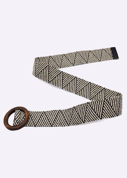 Belt with wooden buckle, black/white