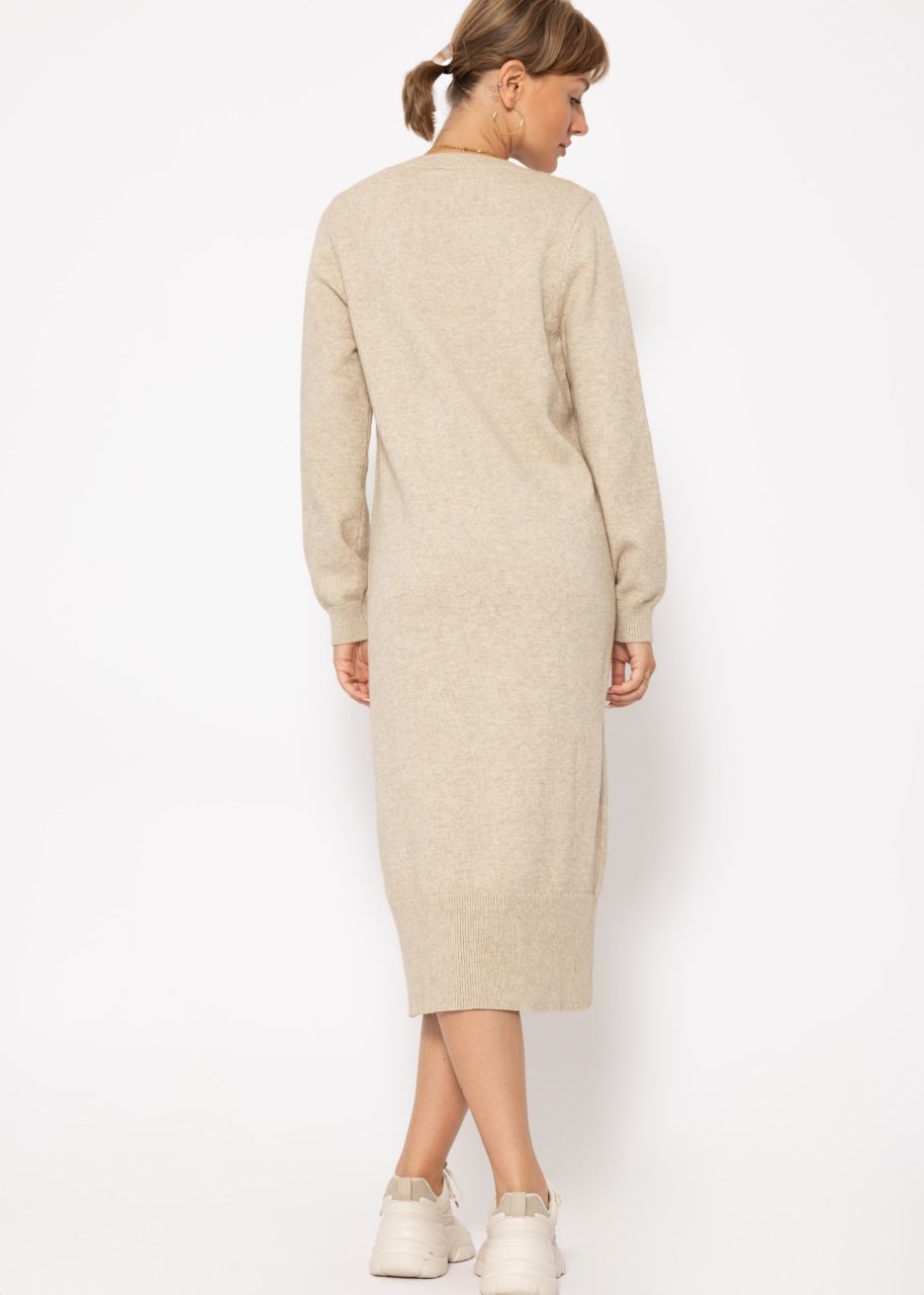 Long knitted dress with V-neck - beige