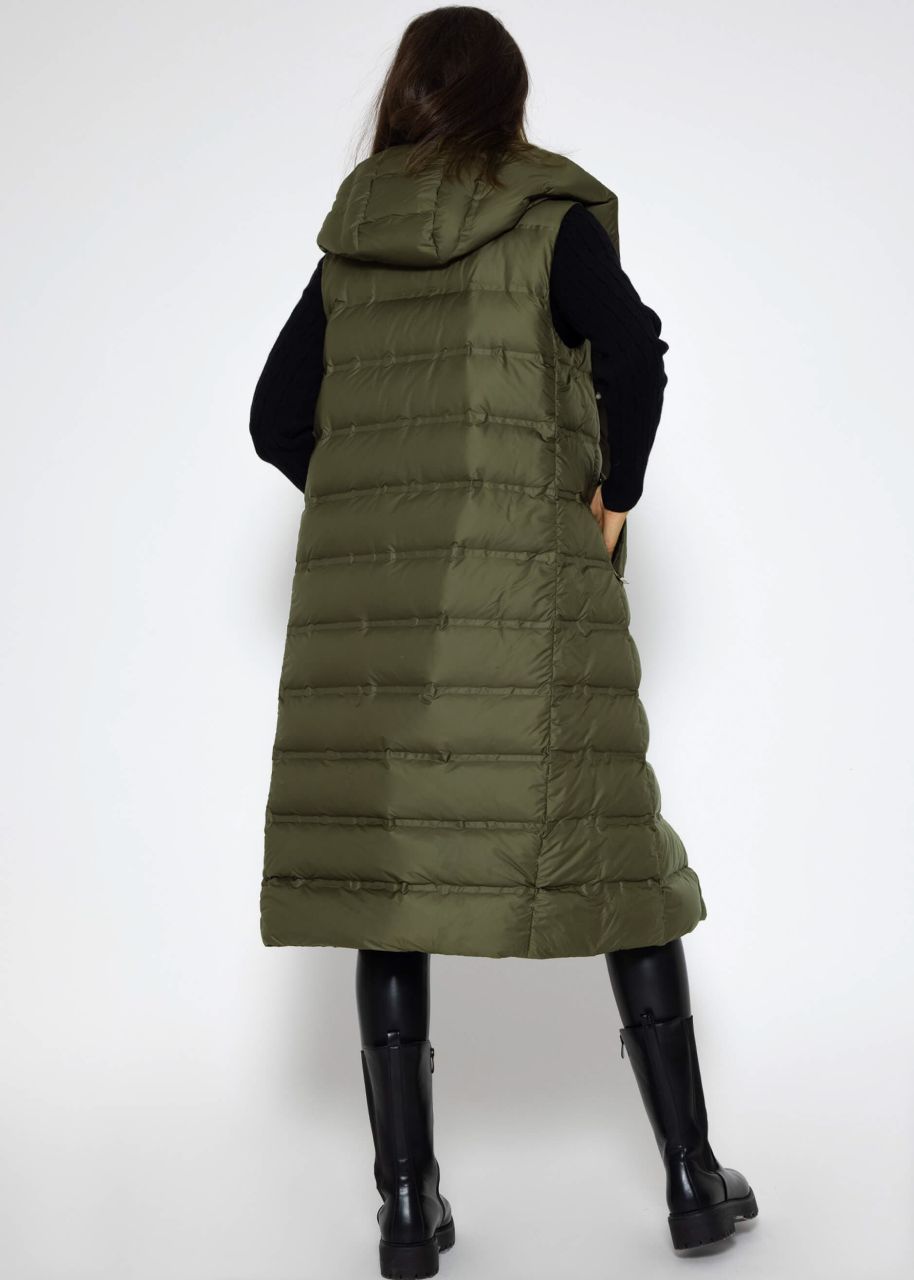 Long quilted waistcoat with hood - khaki