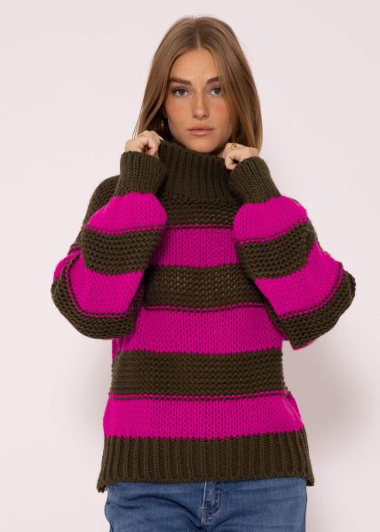 Turtleneck sweater with stripes, khaki-pink