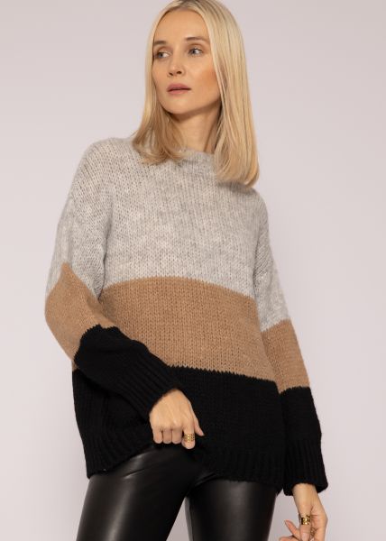 Turtleneck sweater with block stripes, gray / camel / black