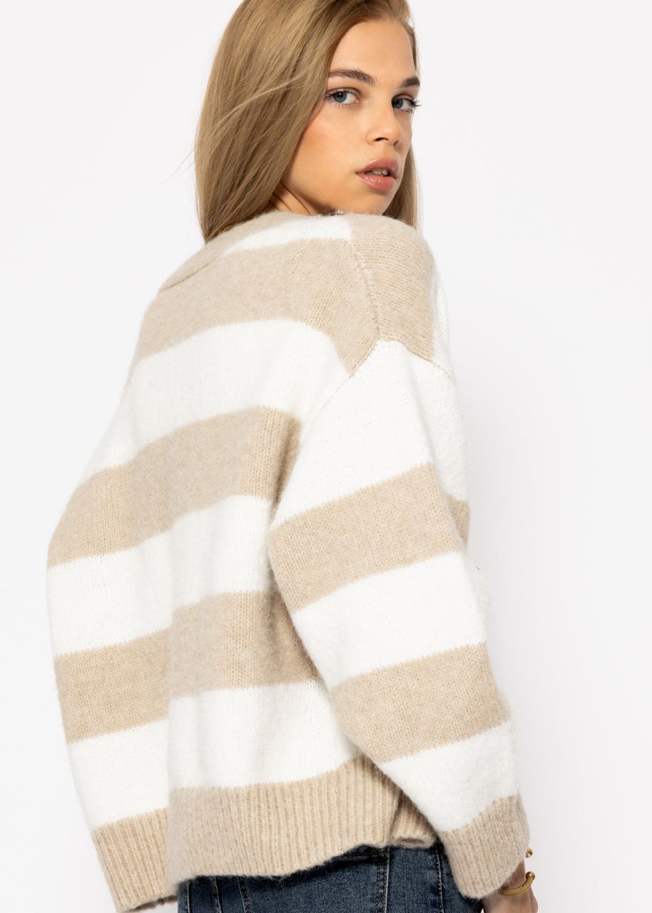 Oversize cardigan with block stripes - beige-offwhite