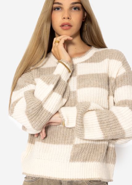 Fluffy sweater with offset block stripes - beige-offwhite