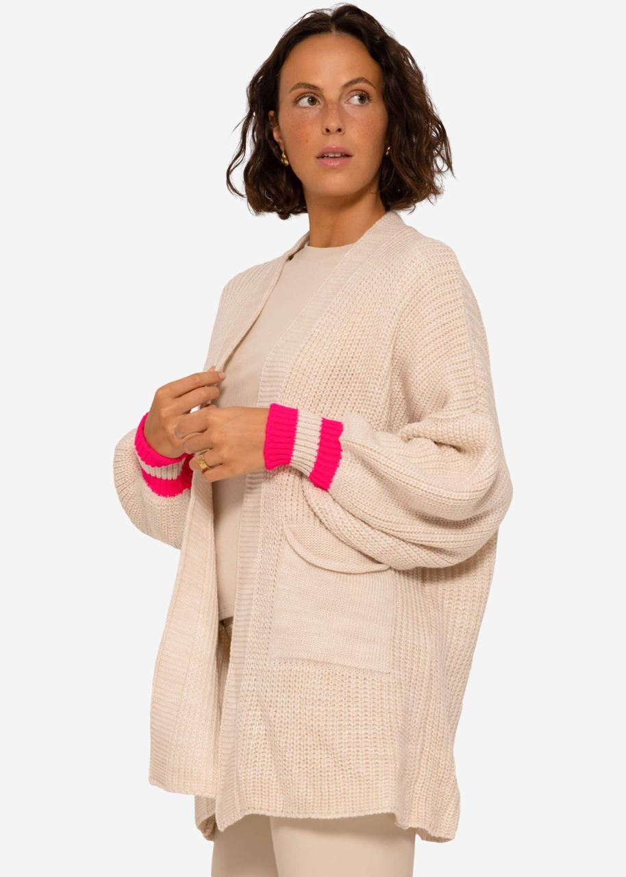 Knitted cardigan with pink stripes - beige