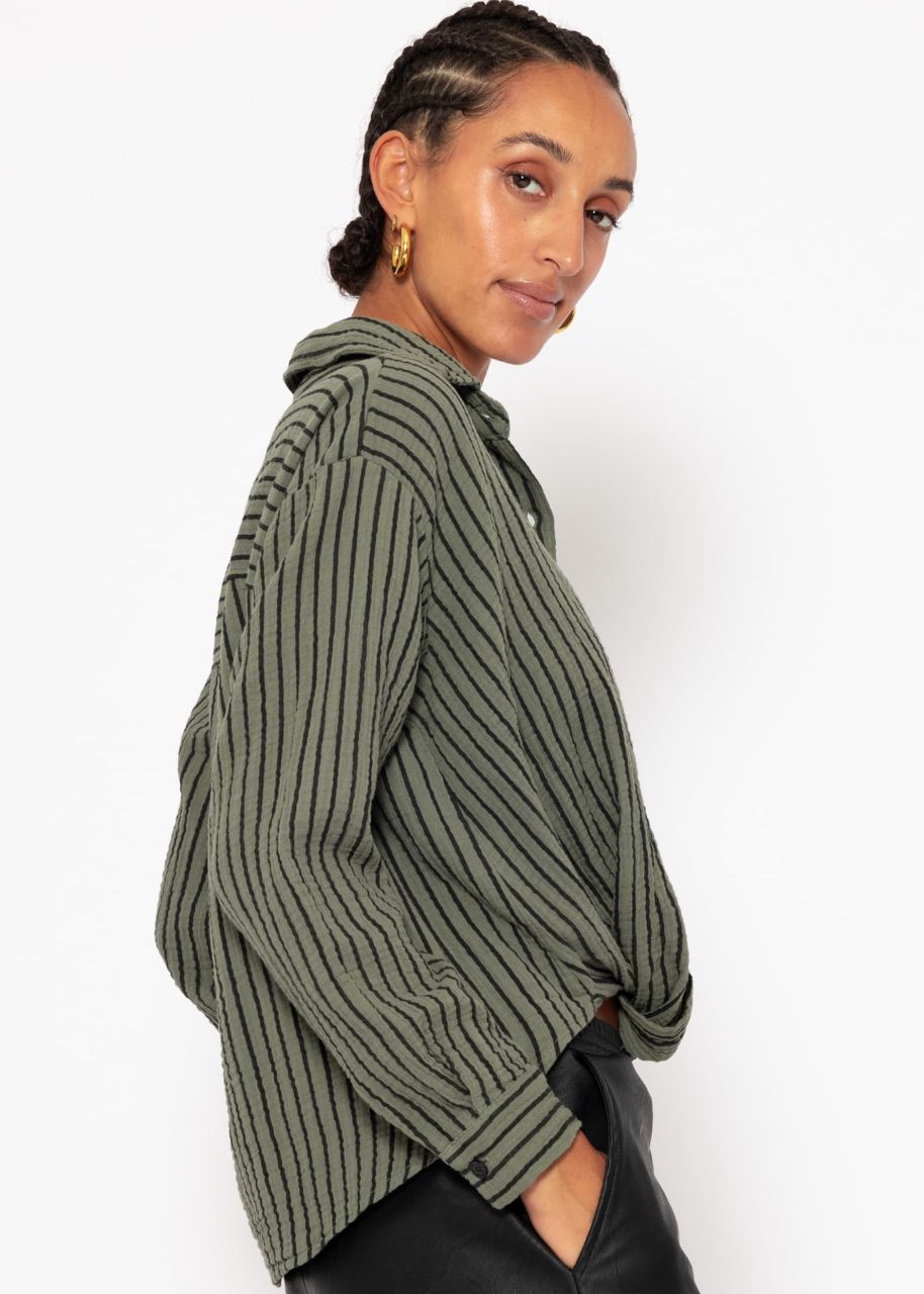 Striped muslin blouse with knot - khaki-black