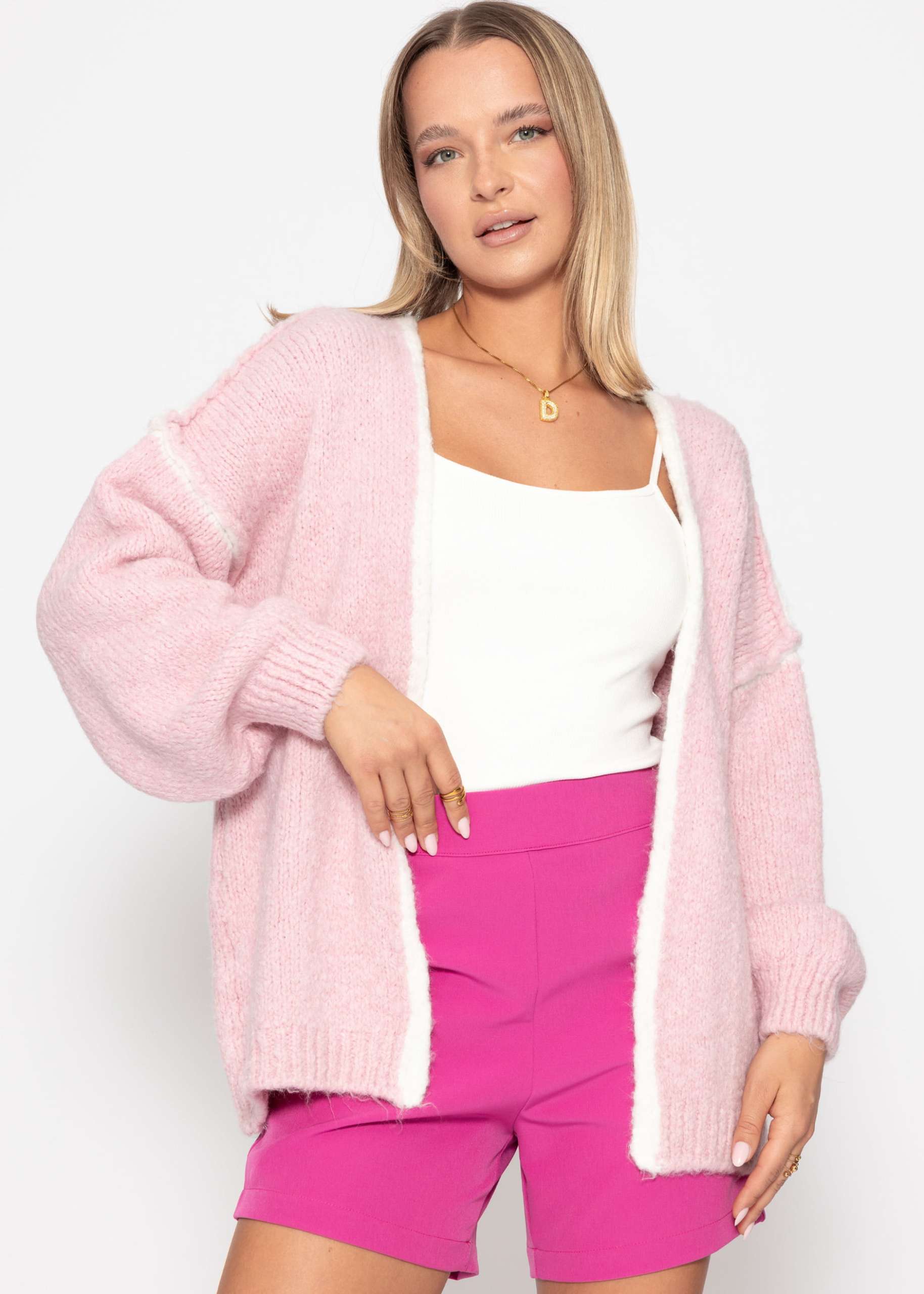 Cardigan with light-coloured trims - pink