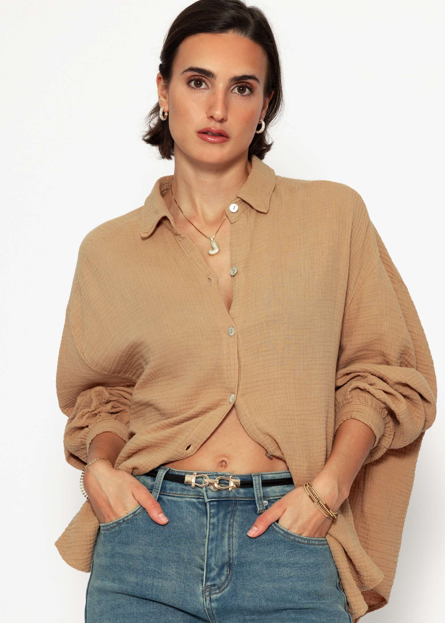 Muslin blouse oversize short - light brown