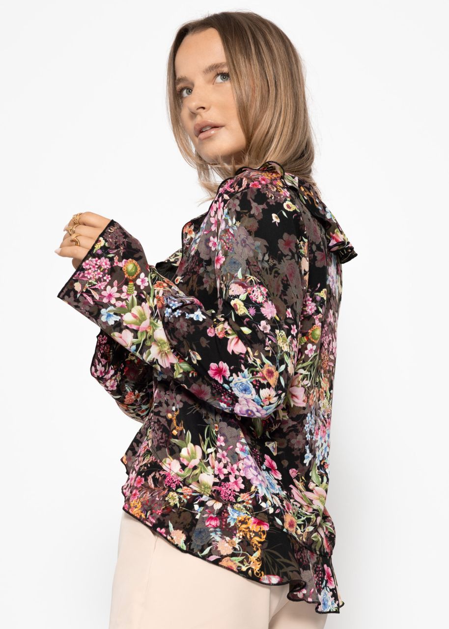 Blouse with tie ribbon and floral print - black