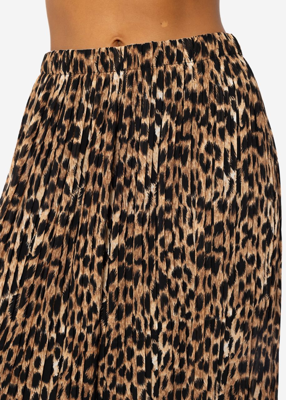 Long pleated chiffon skirt with leopard print in brown