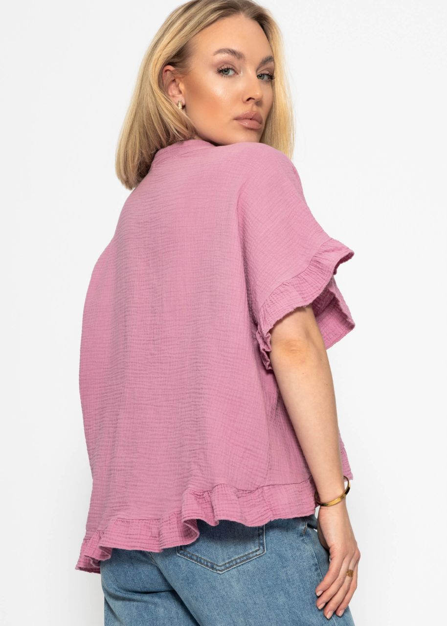 Muslin blouse with ruffled hem - pink