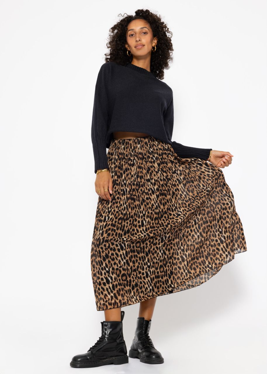 Long pleated chiffon skirt with leopard print in brown