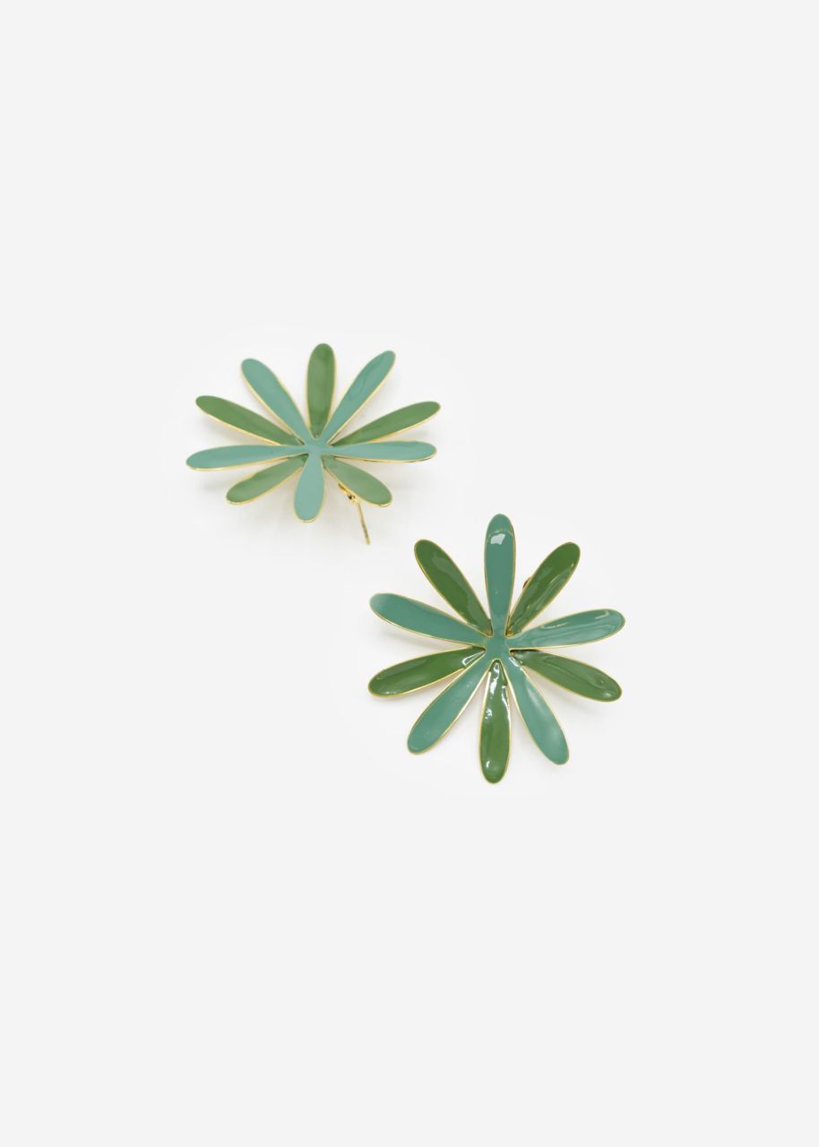 Stud earrings with green flower - gold